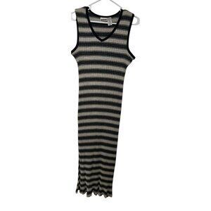 NWT VTG 90s Xhilaration Ribbed Striped Maxi Dress Sz L Gray Black Bodycon